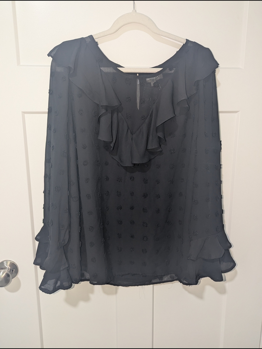 ANDREE BY UNIT Black Ruffle V-Neck Sheer Blouse